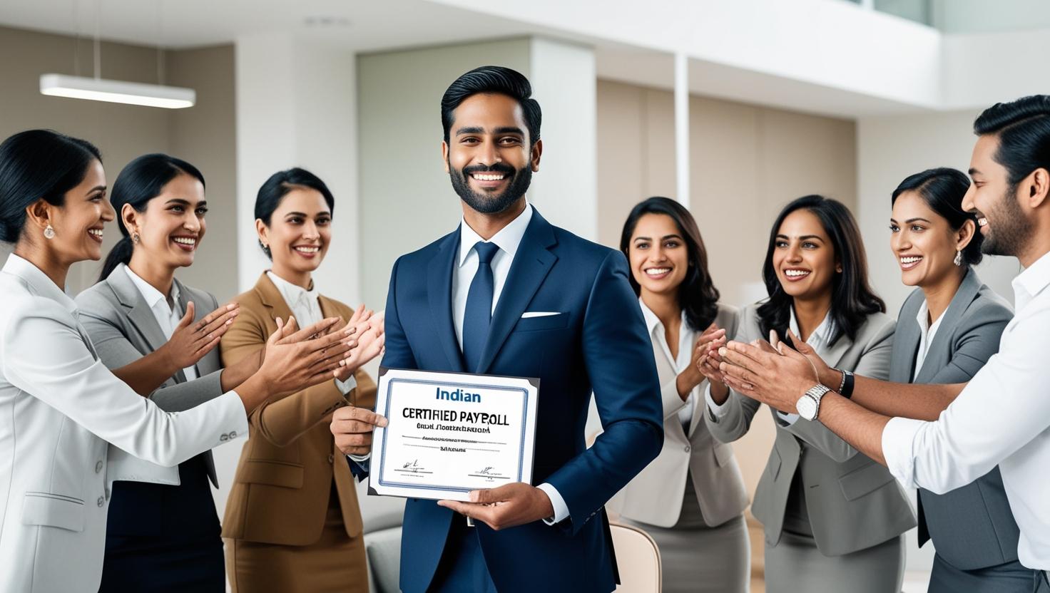 _A confident certified payroll professional holding a certificate with office colleagues congratulating, corporate background._ indian images (1) payroll professional certification